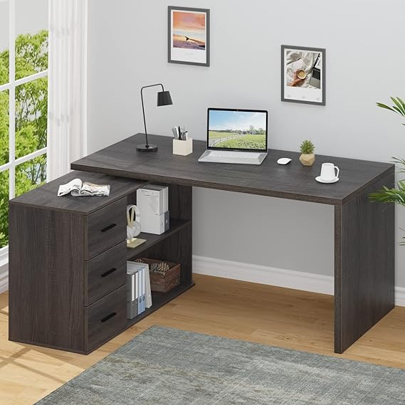 360° Rotating L Shaped Computer Desk with 3 Drawers and 2 Shelves