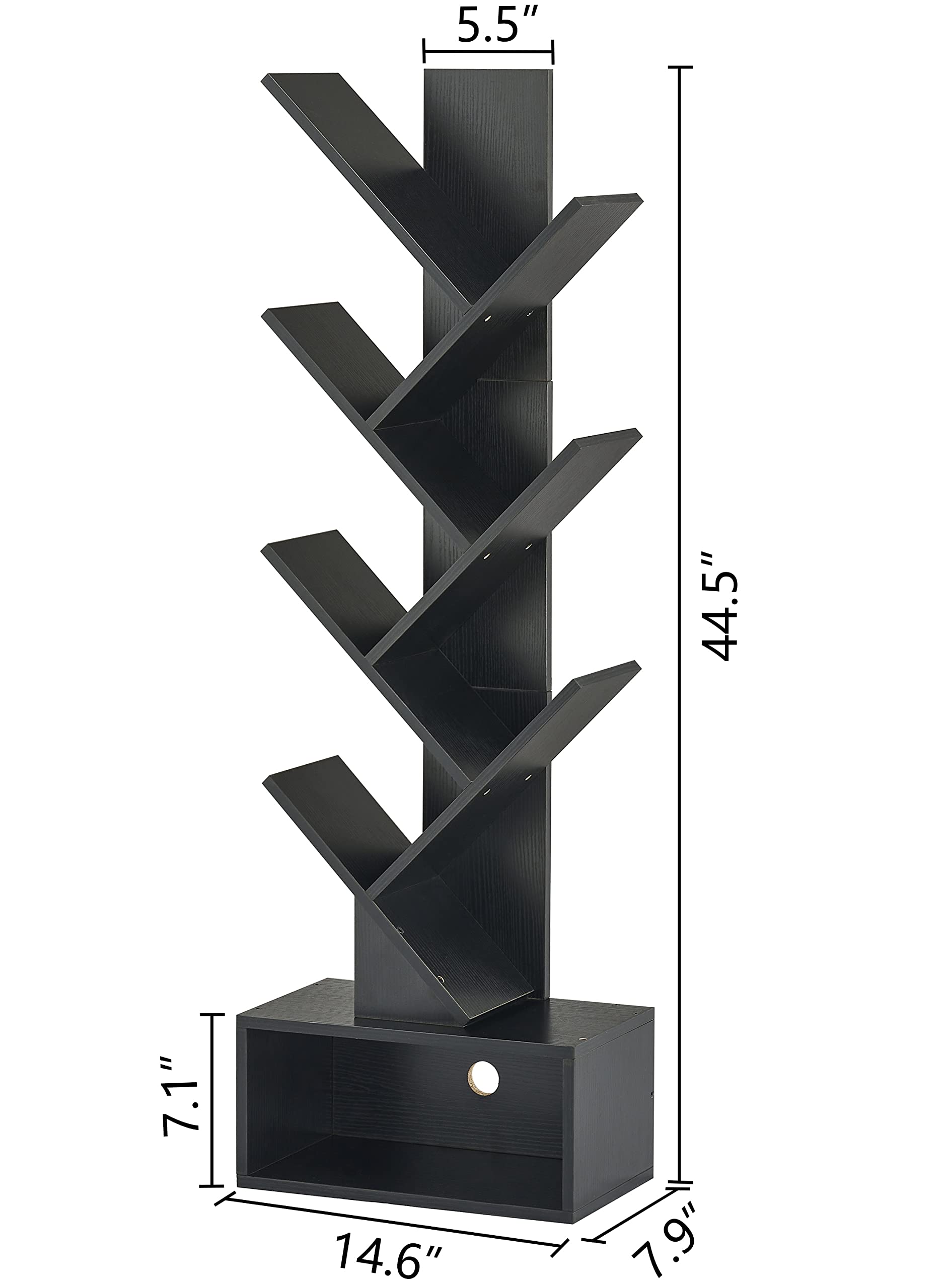 Hoctieon 6 Tier Tree Bookshelf, Tall Bookcase with Drawer, Freestanding Book Shelf, Display Floor Standing Storage Shelf, Book Organizer Shelves for Home Office, Living Room, Bedroom, Black