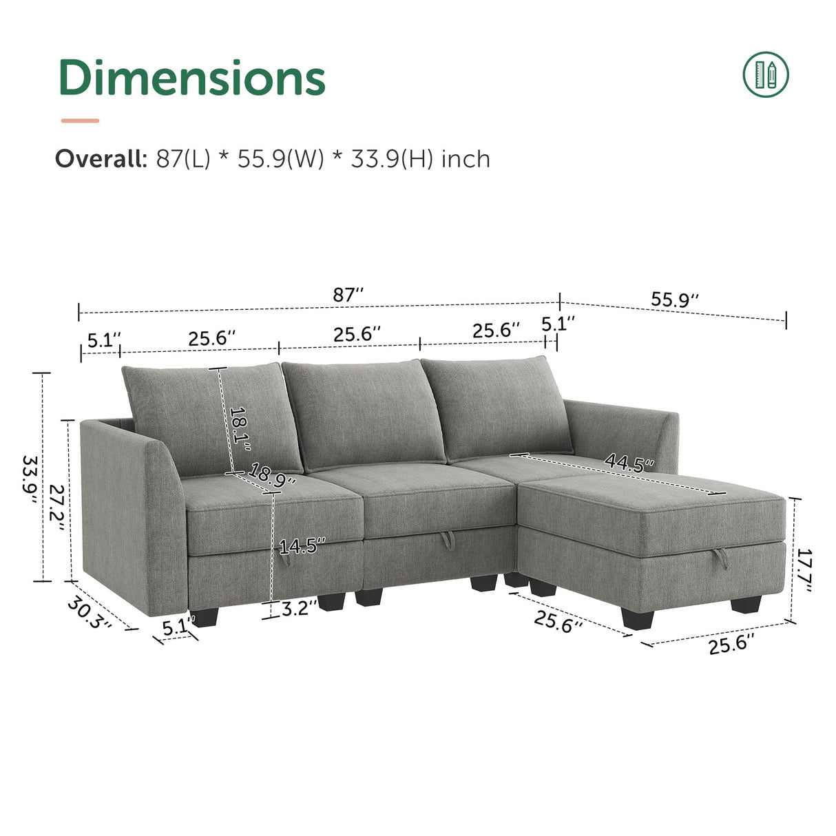 Convertible Modular Sectional Sofa L-Shape Sectional Couch with Reversible Chaise Modular Sofa