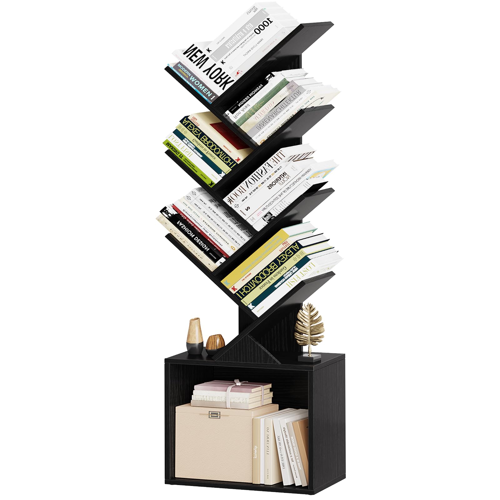 Vagusicc 6 Tier Tree Bookshelf, Modern Floor Standing Bookcase with Storage Drawer, Space Saving Storage Organizer Book Shelves for Books, Tall Wood Storage Rack for Bedroom/Living Room/Home Office