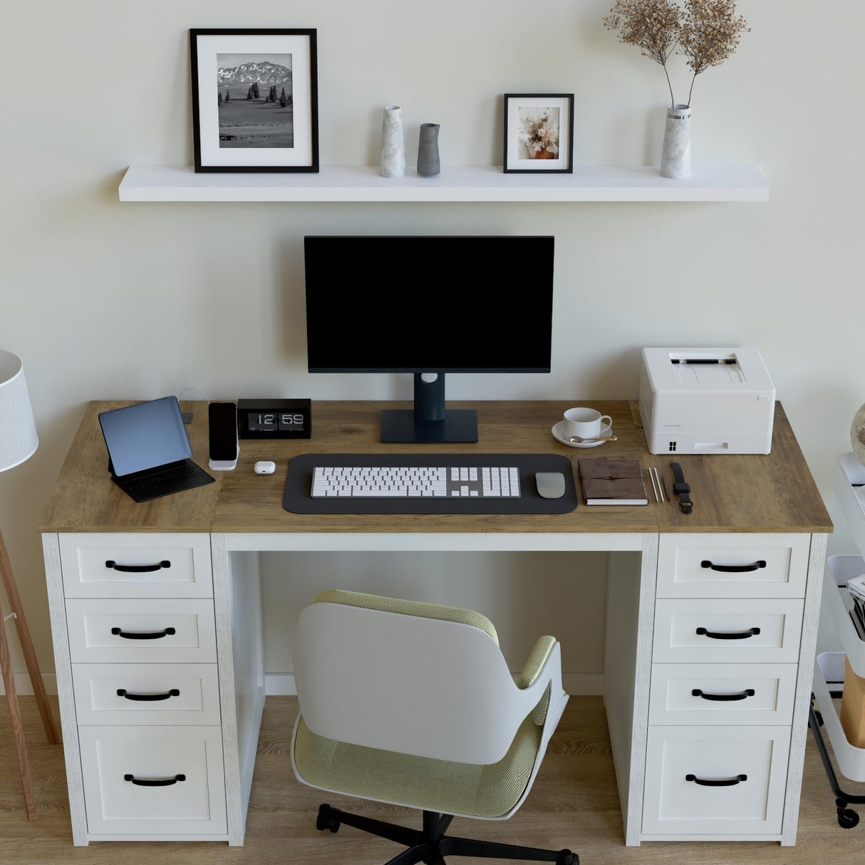 60" Farmhouse Home Office Desk with 8 Wooden Drawers, Rustic Computer Writing Desk