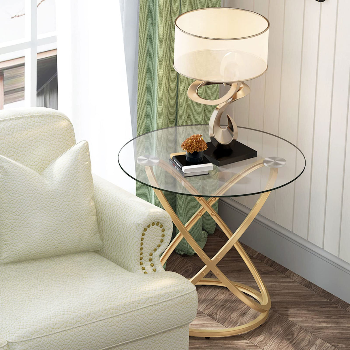 Gold End Table, Glass End Table for Living Room, Round Side Table