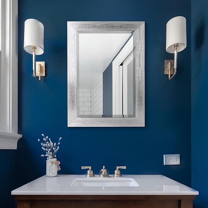 Chrome Textured Framed Leaner Beveled Wall Mirror, Vanity Mirror, Bathroom Mirrors