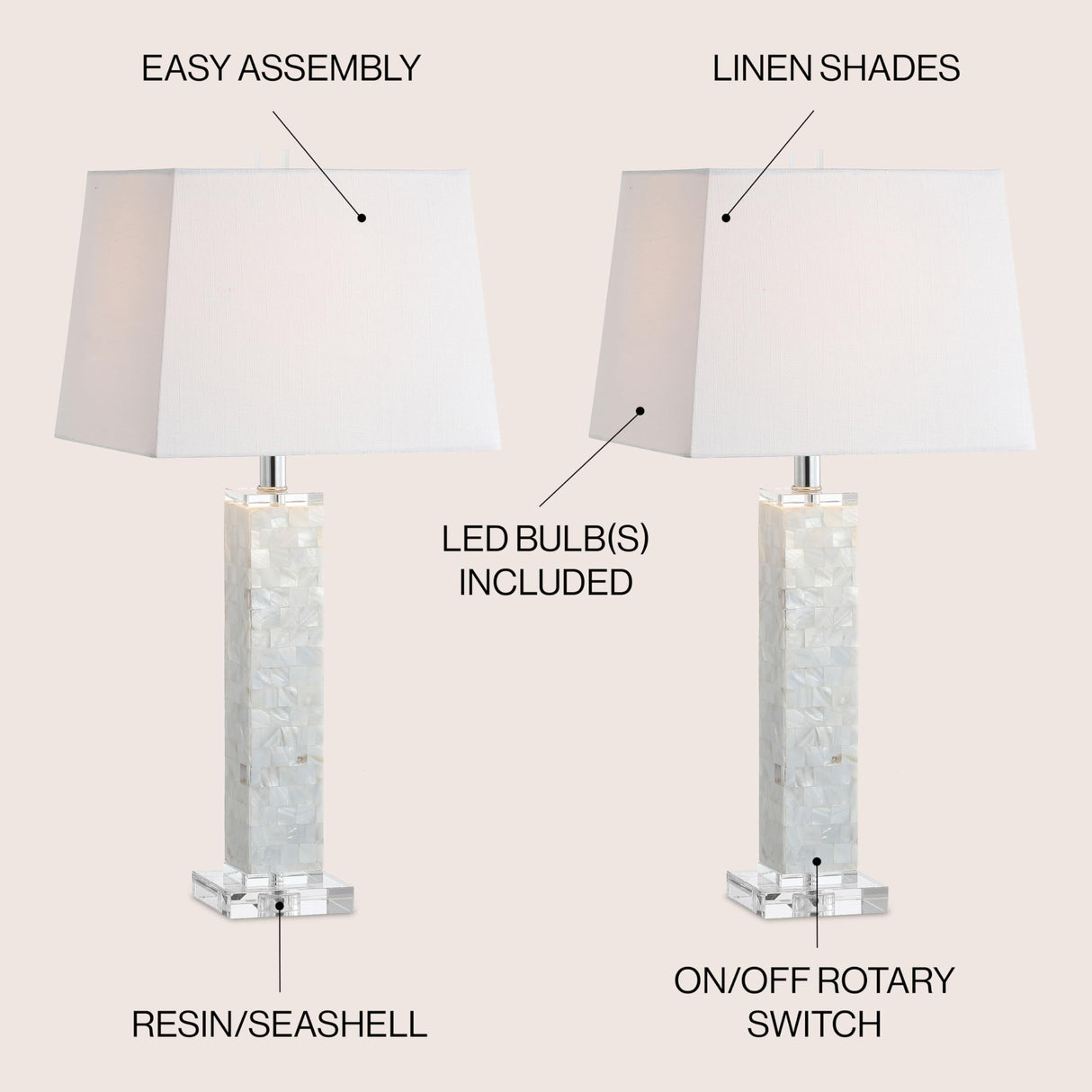 JONATHAN Y JYL1053A-SET2 Set of 2 Table Lamps Noelle 28.5" Seashell LED Table Lamp Coastal Contemporary Bedside Desk Nightstand Lamp for Bedroom Living Room Office College Bookcase, White