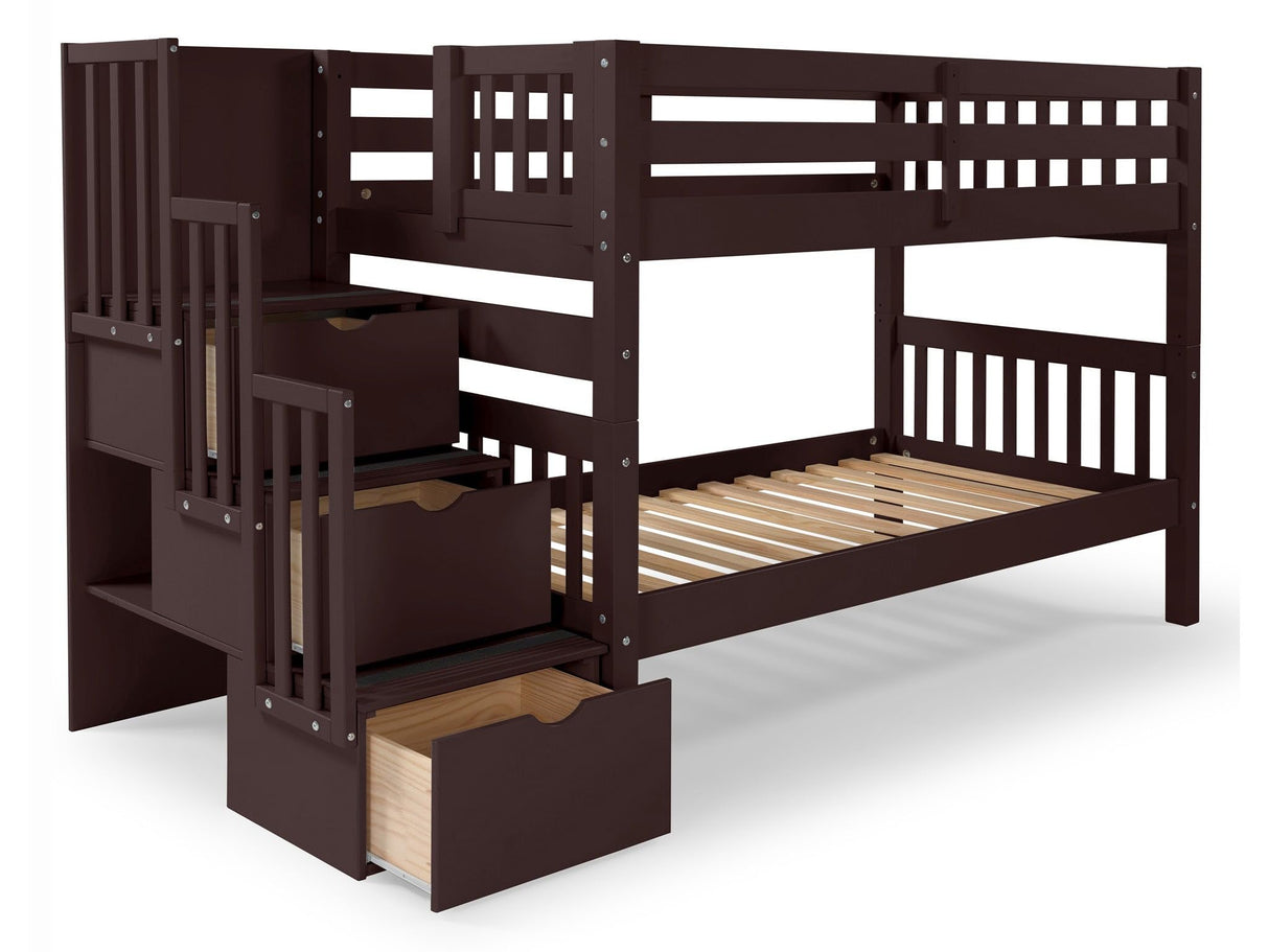 Bedz King Stairway Bunk Beds Twin over Twin with 3 Drawers in the Steps, Dark Cherry