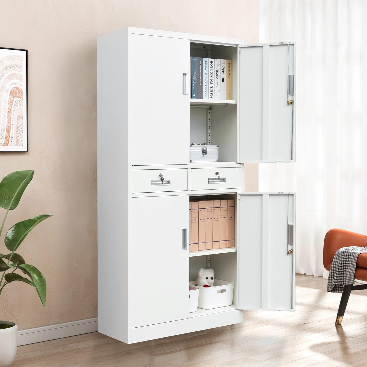 Metal Storage Cabinet, Locking Storage Cabinet with Drawers and Adjustable Shelves