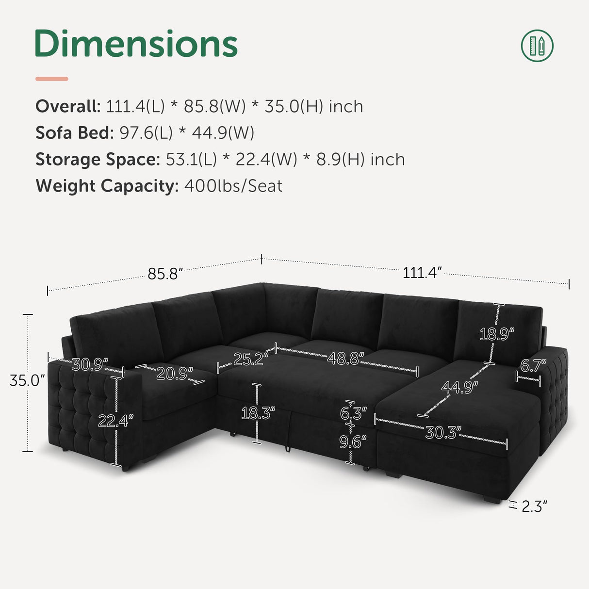 Sectional Sleeper Sofa Pull Out Bed with Storage Chaise, Velvet Sleeper Sectional Couch Pull-Out Bed U