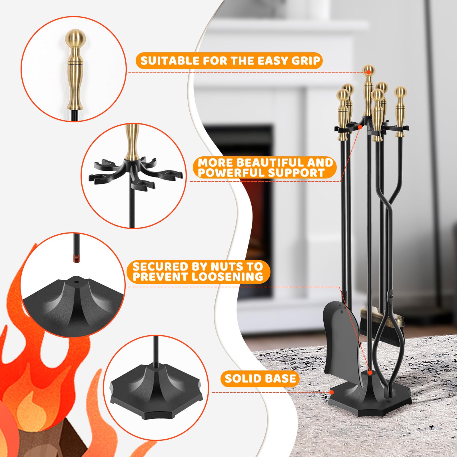 5 Pieces 31In Fireplace Tools Set, Wrought Iron Fireplace Tools with Ergonomic Handle