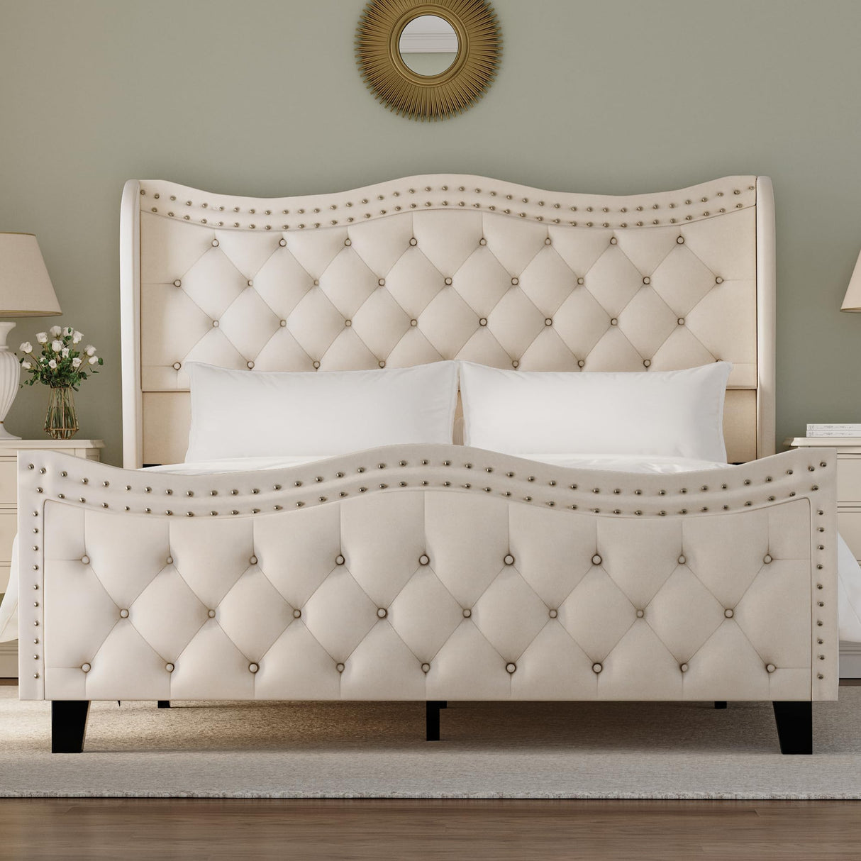 Queen Upholstered Bed with Tufted Wingback Headboard