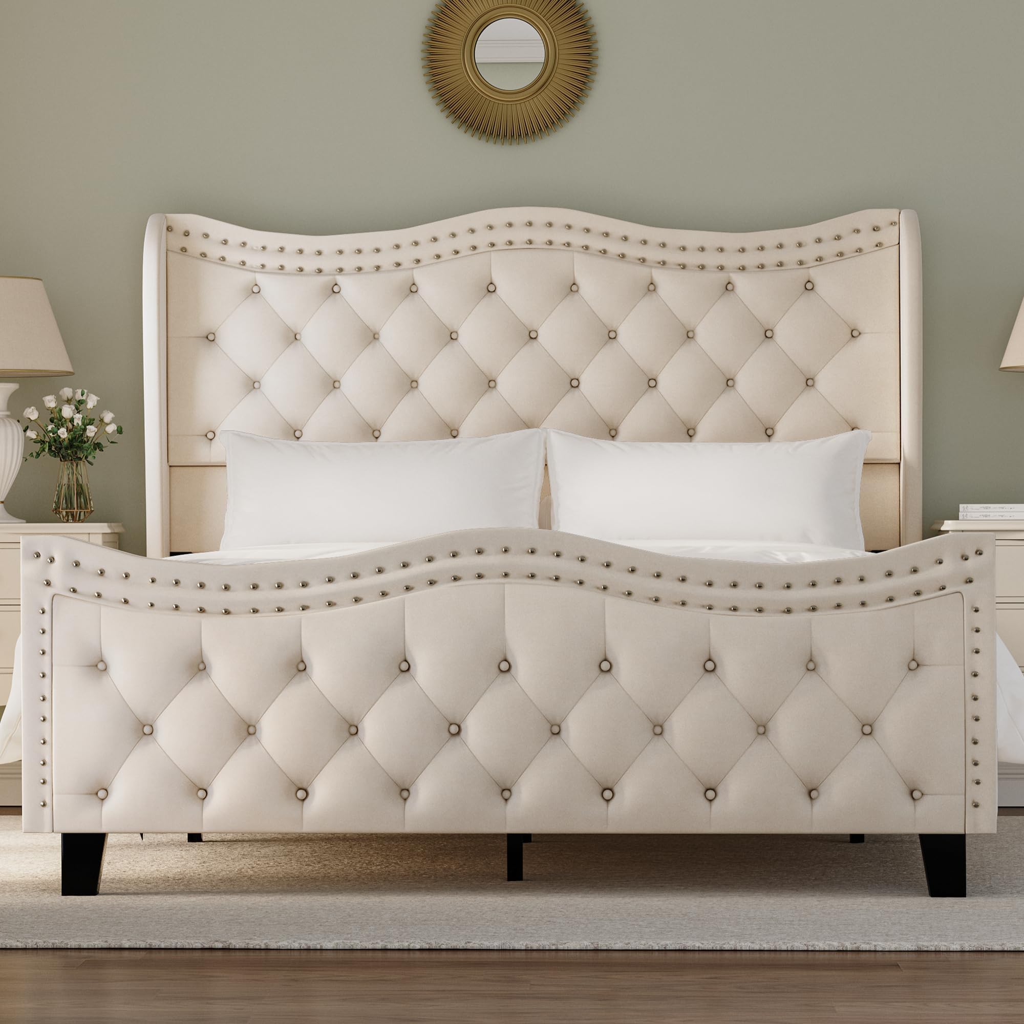 Queen Upholstered Bed with Tufted Wingback Headboard