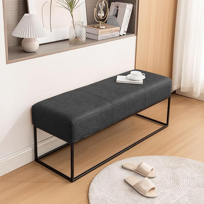 Leather Entryway Bench for Bedroom End of Bed, Modern Ottoman Bench with Faux