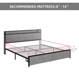 Queen Size Bed Frame with 2 Drawers and Shelf Headboard, Charging Station