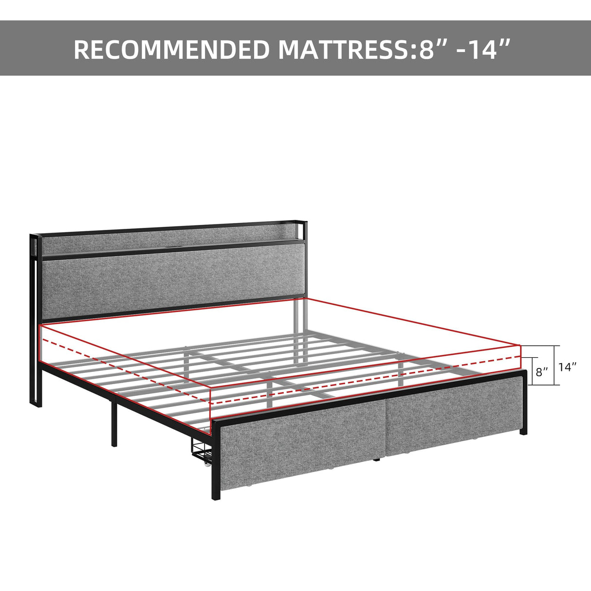 King Size Bed Frame with 2 Drawers and Shelf Headboard, Charging Station with USB Port & Outlets, Upholstered Heavy Duty Platform Bed with Storage, No Box Spring Needed, Light Grey