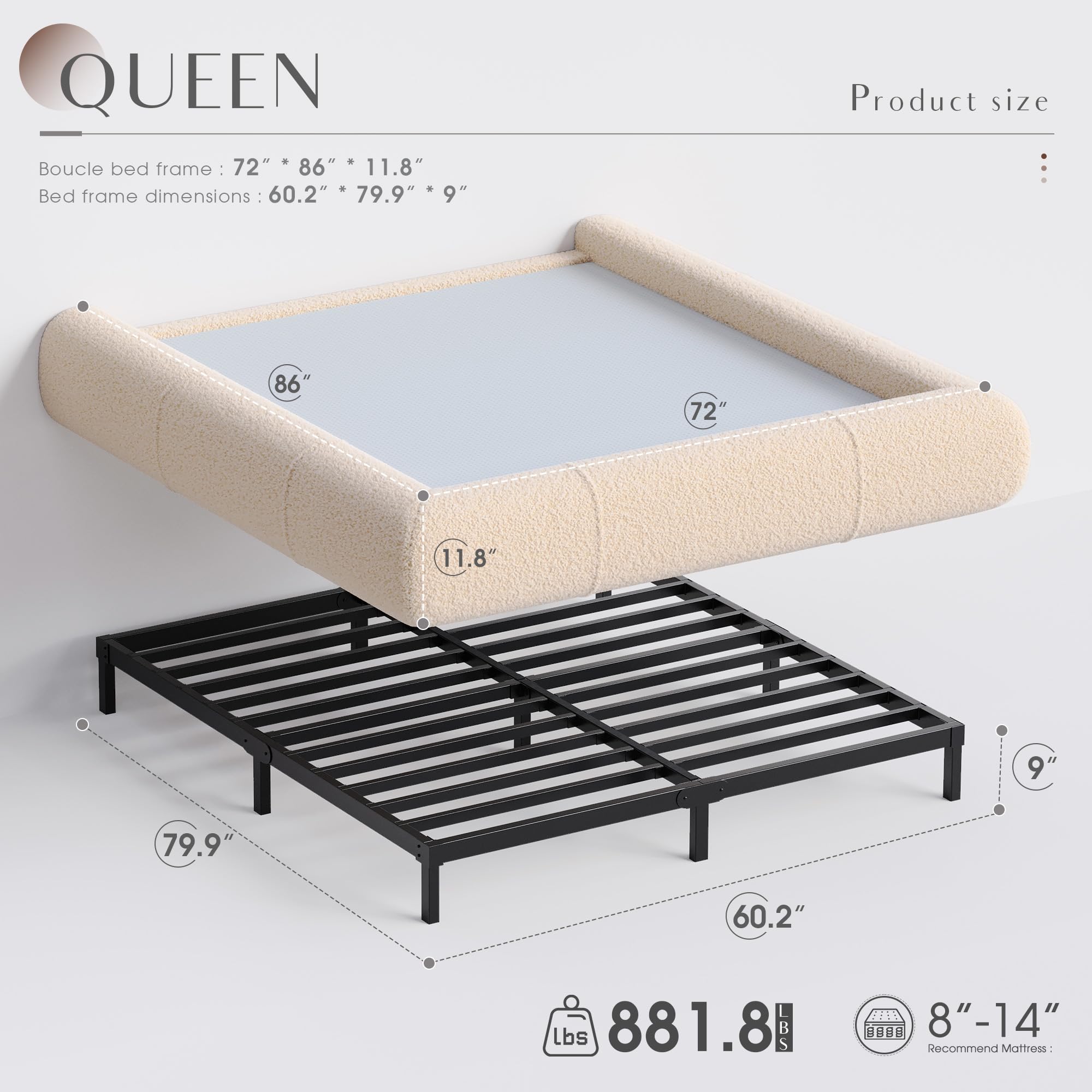 Cloud Queen Bed Frame - Easy Assembly with Rounded Corners