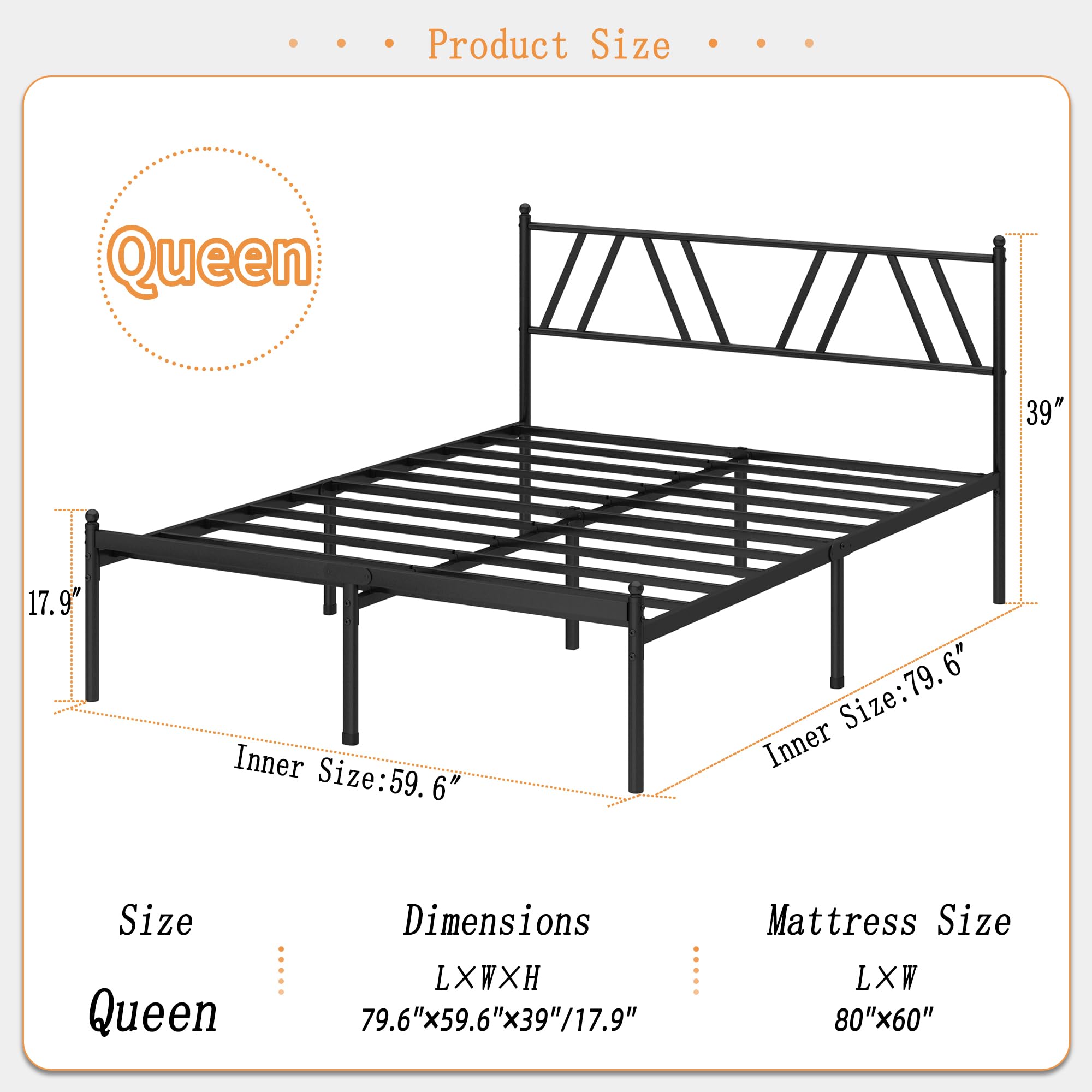 14-Inch Metal Platform Bed Frame with Headboard - Queen Size