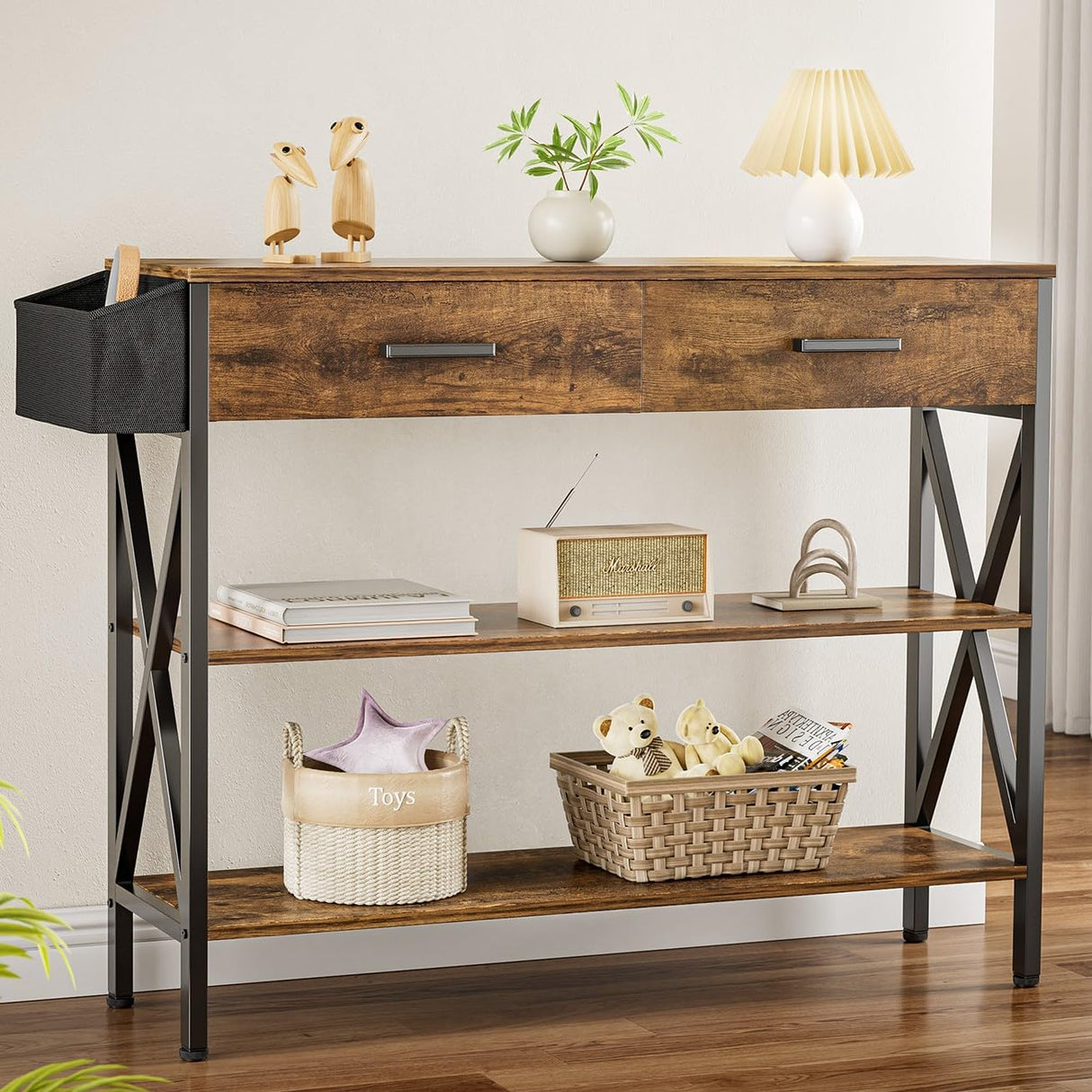 39" Console Table with 2 drawers, Industrial Entryway Table with 3 Tier Storage Shelves,