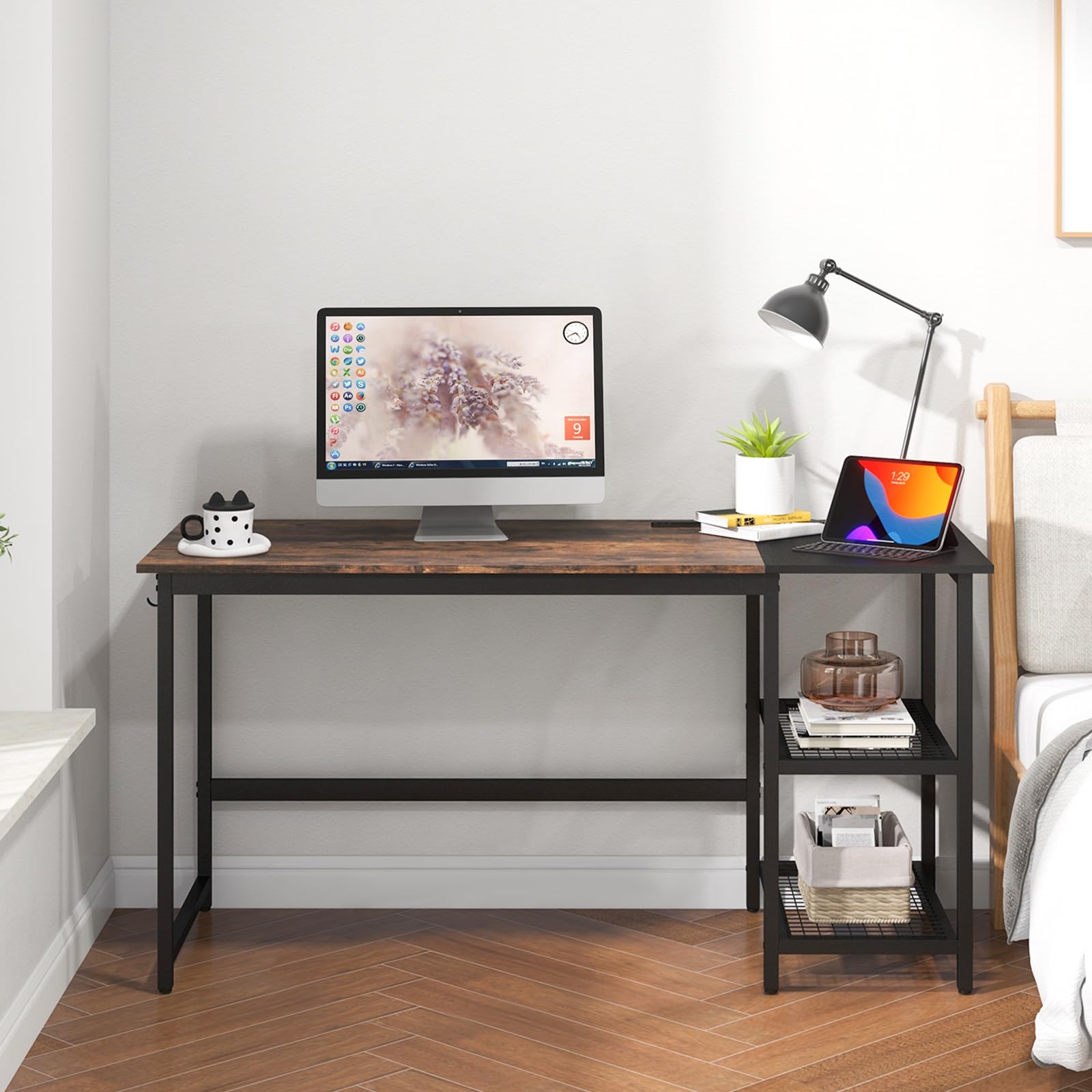 59 Inch Computer Desk with Charging Station, Home Office Desk with Hook & 2 Tier Storage Shelves, Industrial Modern PC Laptop Desk Computer Workstation Writing Study Desk with Metal Frame