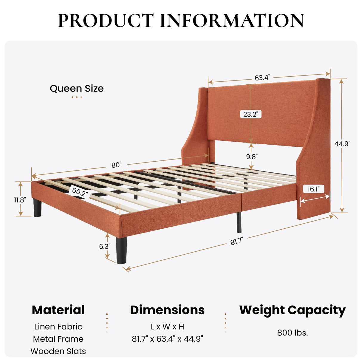 Upholstered Bed Frame Queen Size with Streamlined Wingback Headboard,