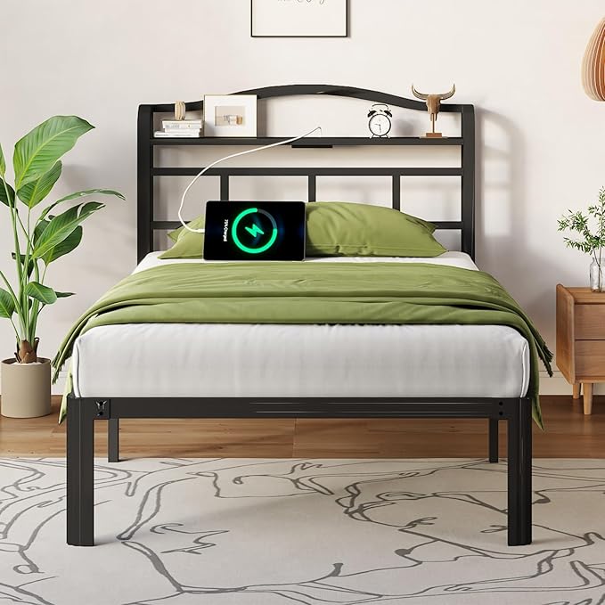 Twin Bed Frame with Headboard and USB & Type C Charging Station, Heavy Duty Metal