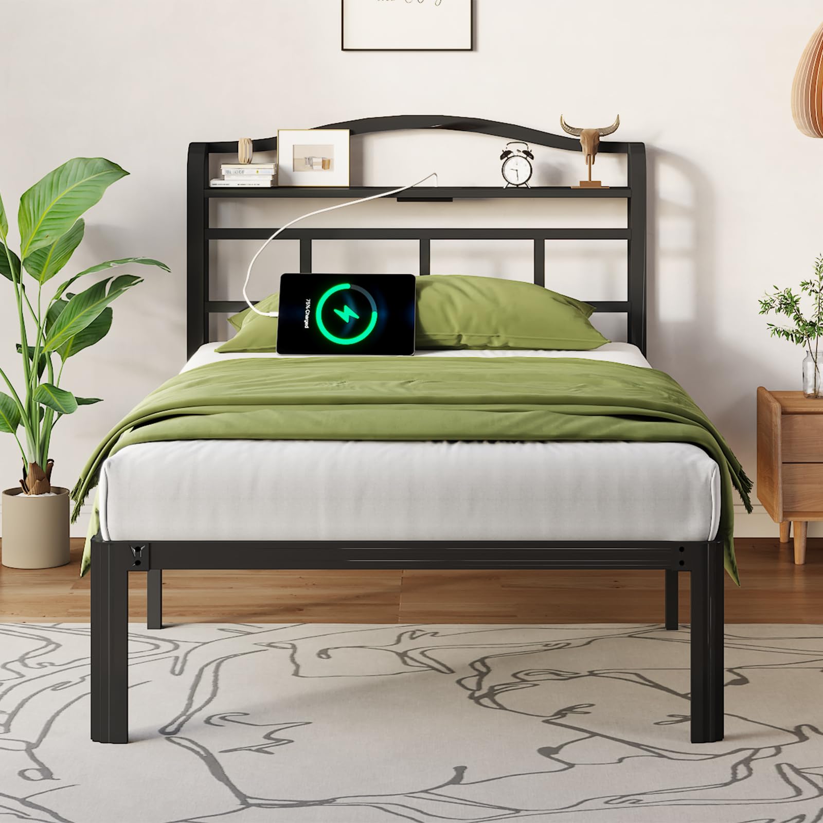 Twin Bed Frame with Headboard and USB & Type C Charging Station, Heavy Duty Metal