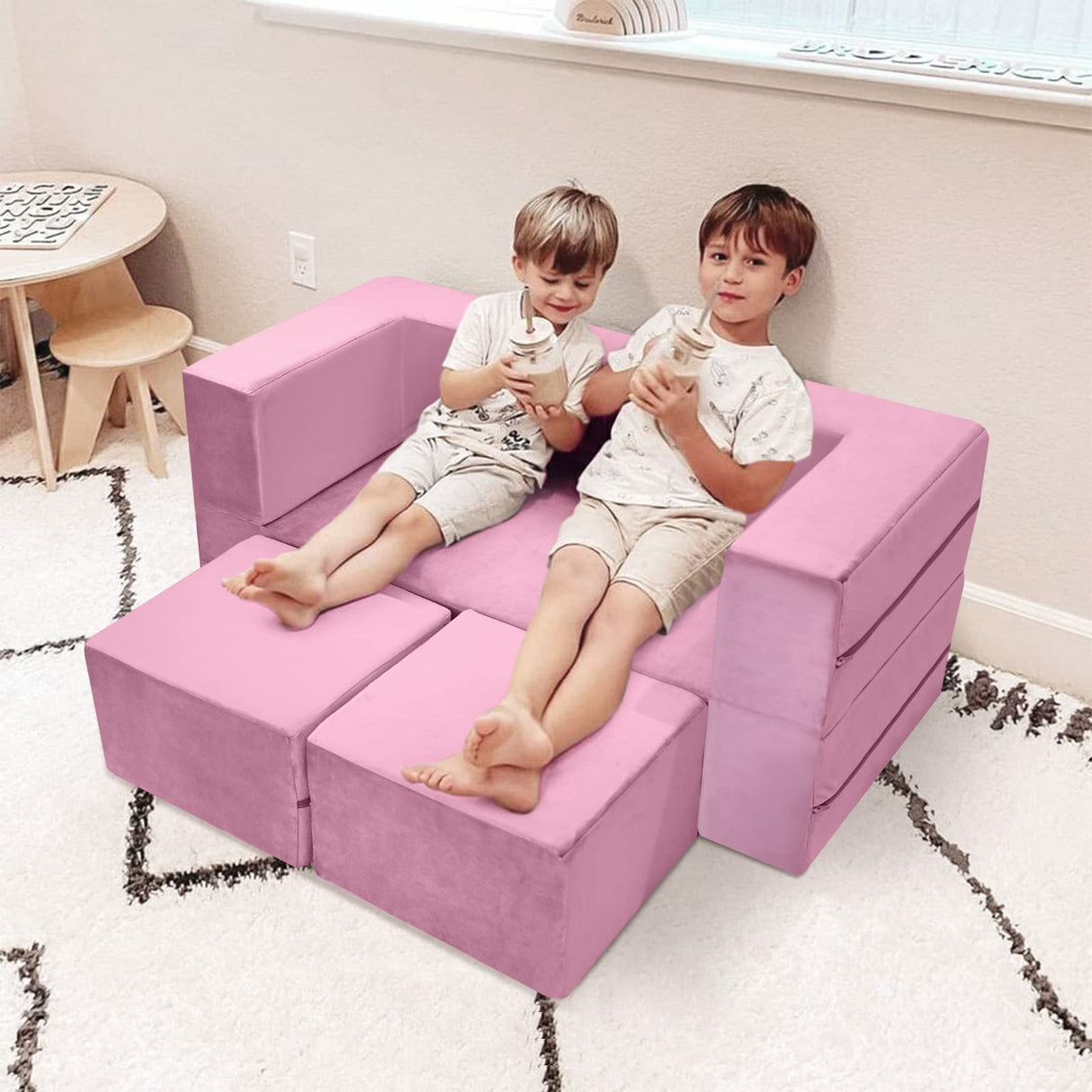 Modular Kids Play Couch Sofa – Pink Convertible Toddler Couch, Fold-Out Plush Foam Chair for Children’s Playroom