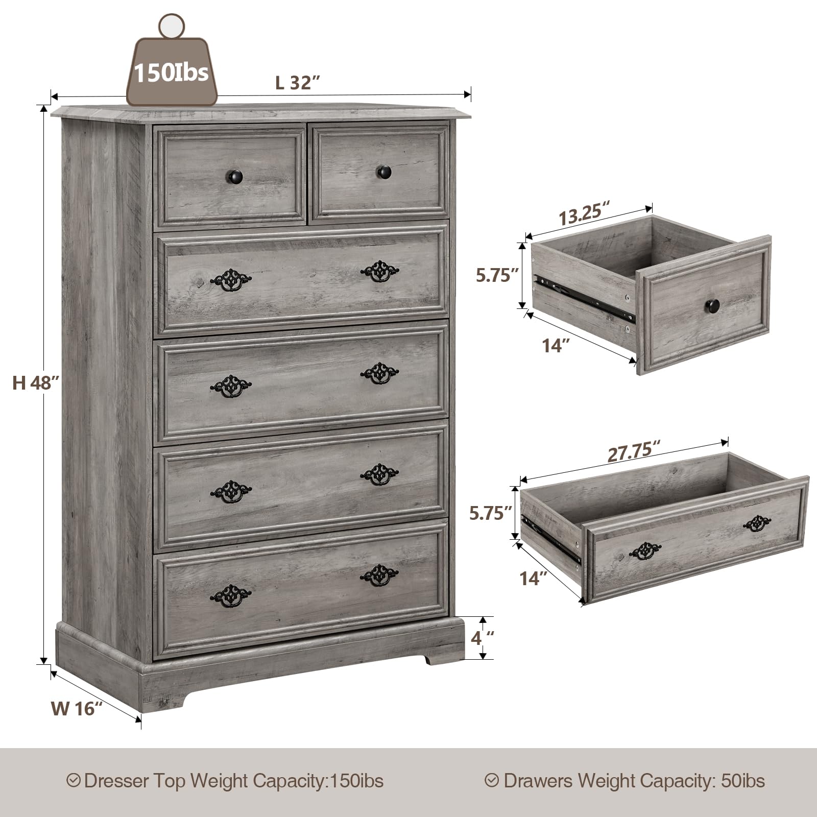 Farmhouse Drawers Dresser for Bedroom, 6 Drawers Dresser Chests for Bedroom