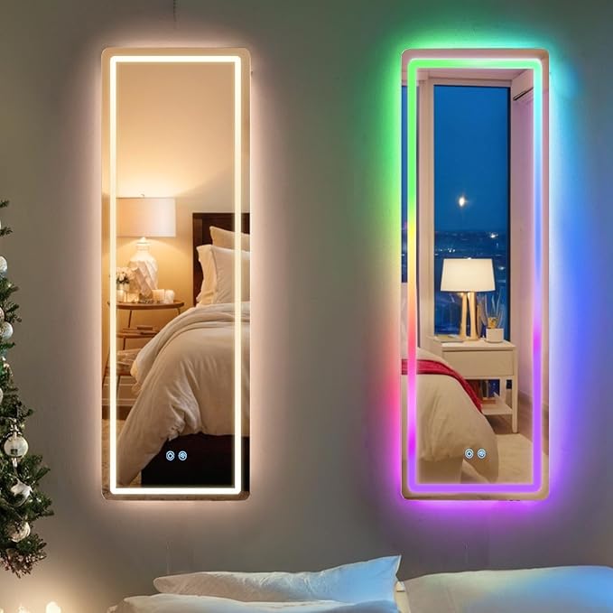 LED Door Mirror Full Length, Over The Door Hanging Lighted Mirror, Full Body Wall Mounted Mirror, Light Up Long Dressing Mirror 42.5" X 14.4"