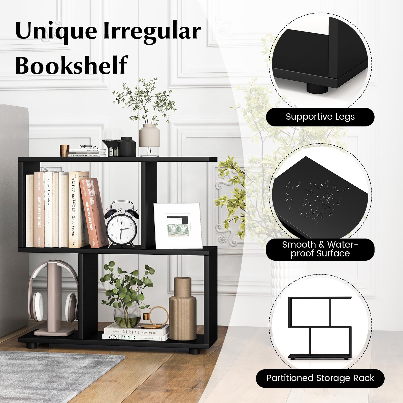 3-Tier Geometric Bookshelf, 24" Tall Wood S-Shaped Display Shelves with Thick Foot Pads, Freestanding Open Shelves Nightstand, Floor Standing Display Shelf Bookcase, Black