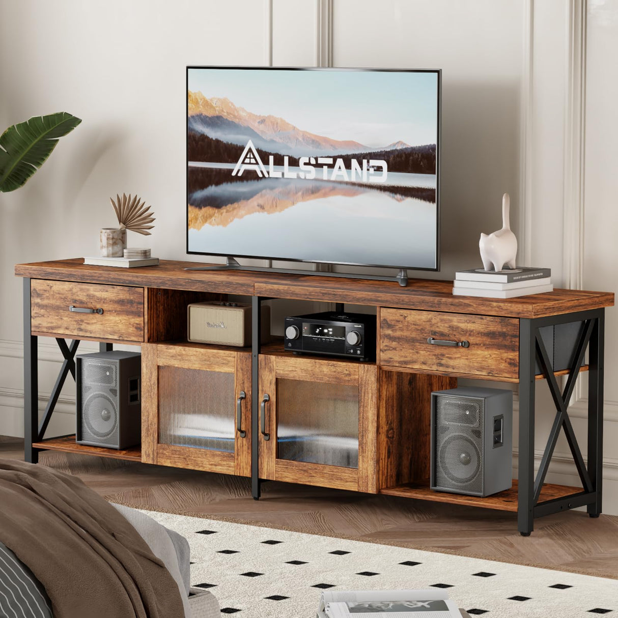 Tall TV Stand for 75 80 Inch TV, Entertainment Center with Fabric Drawers & Cabinets, Industrial Gaming Console Table with Soundbar Shelf for Living Room, Bedroom, Rustic Brown (71 Inches)