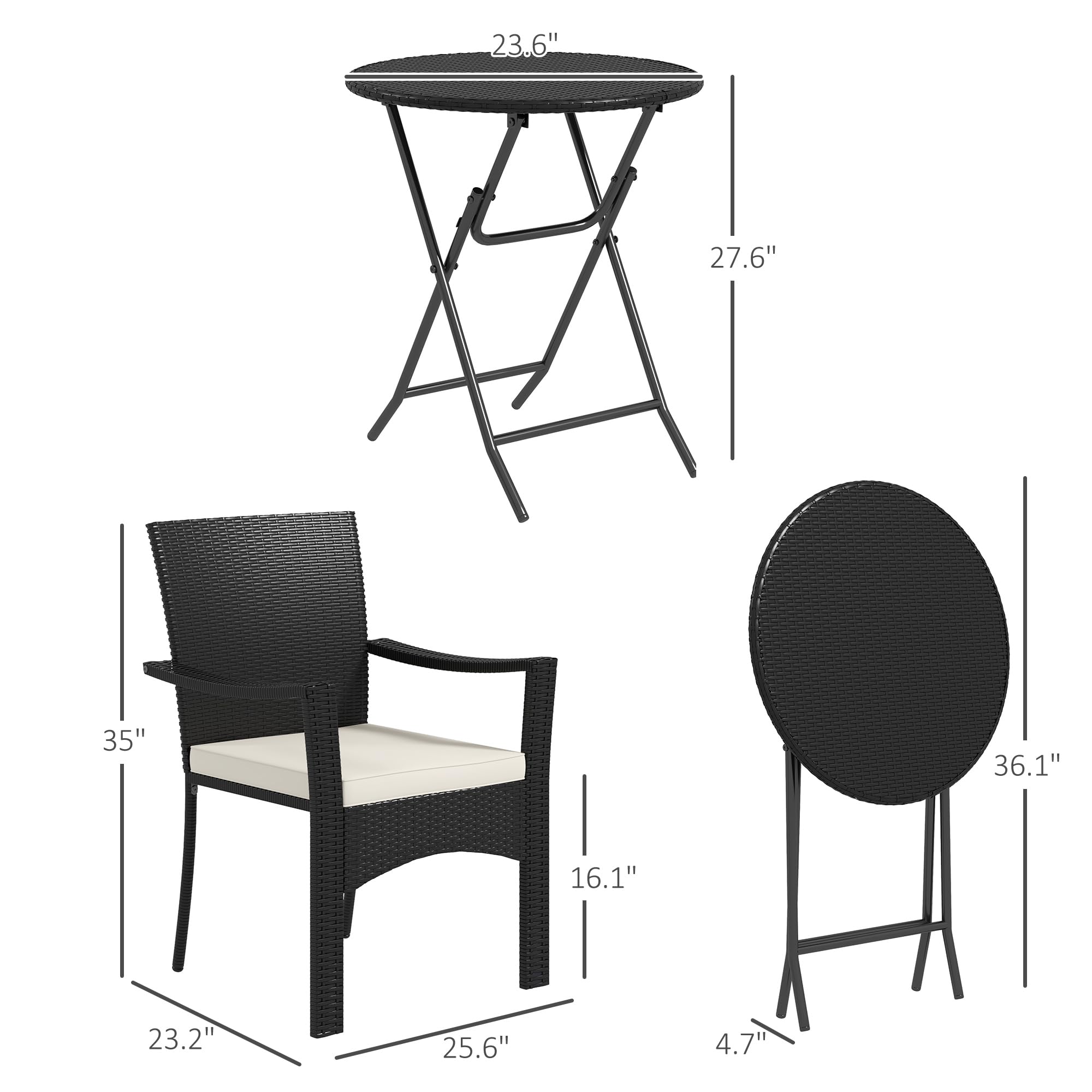 Outsunny 3 Pieces Wicker Outdoor Bistro Set, Rattan Patio Furniture Set with Folding Coffee Table, Porch Chairs with Cushions for Backyard, Balcony, Garden, White