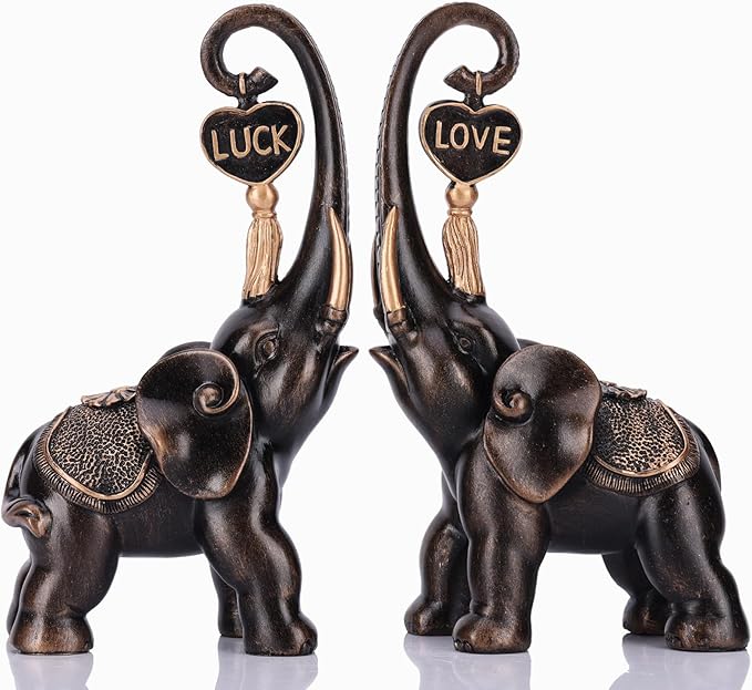 Gold Elephant Statue 2 Piece Set, Love Elephant Sculpture, Gold Figurine Home Decor