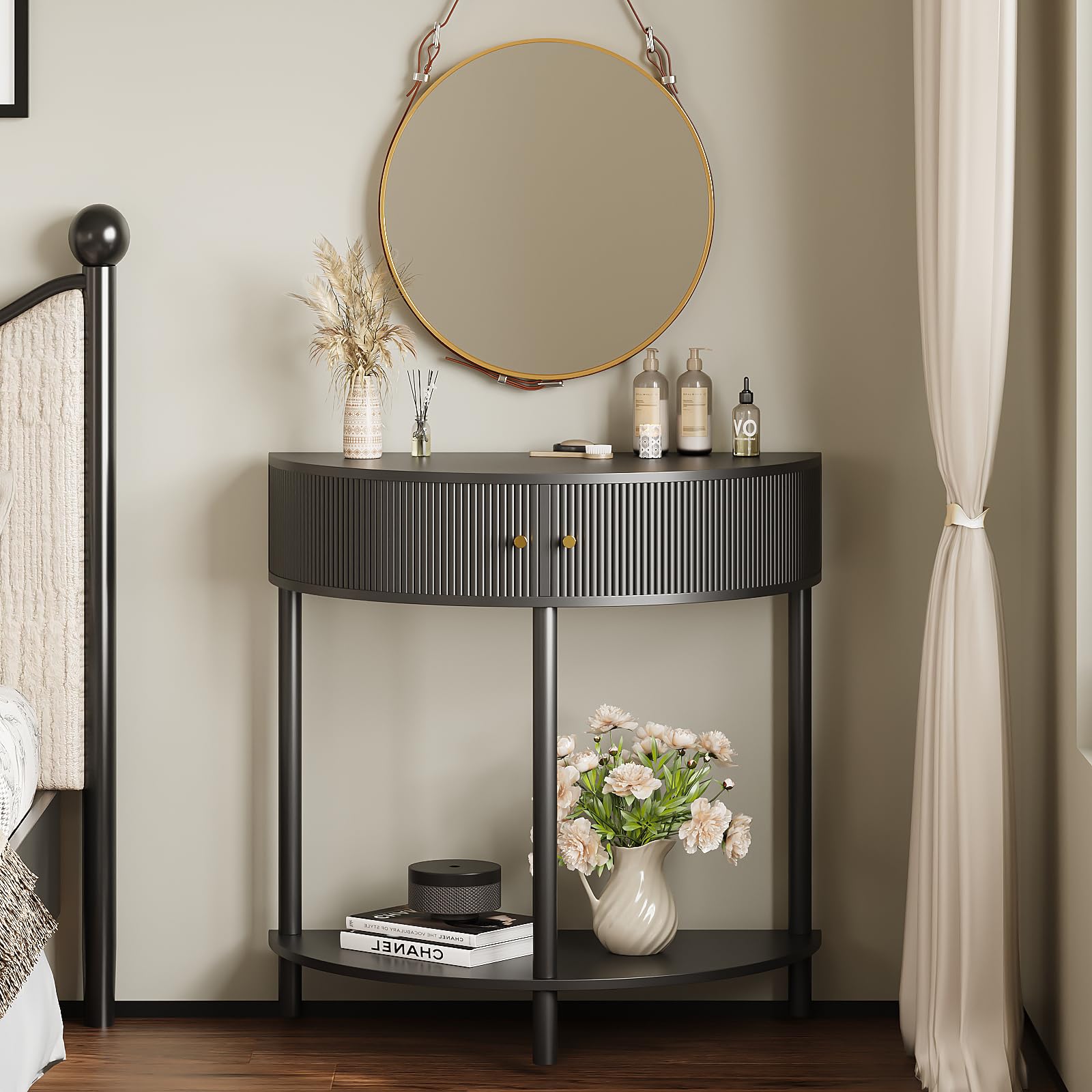 Fluted Half Moon Console Table with Storage
