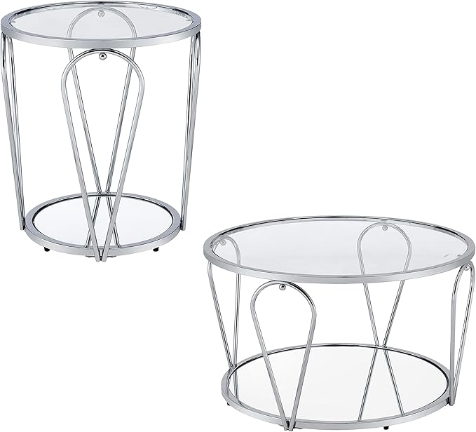 Pacific Luxury Glam Open-Shelf Glass Top 2-Piece Coffee and End Table Set