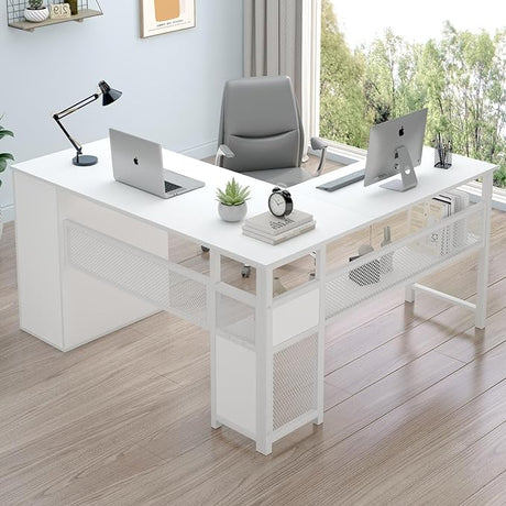 L Shaped Desk with Storage Cabinets, Reversible Home Office Corner Desk