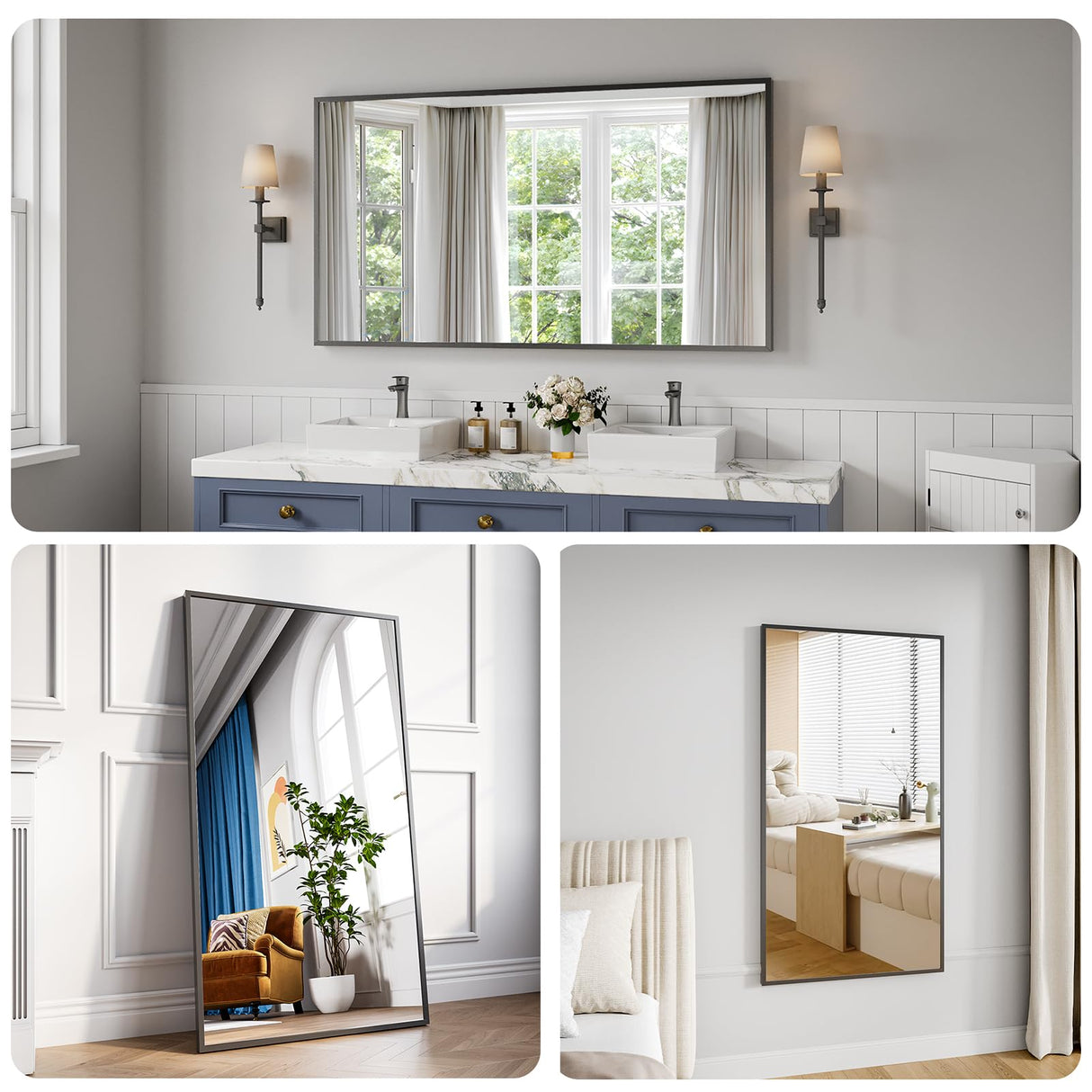 30x55 Matte Black Rectangle Bathroom Mirror