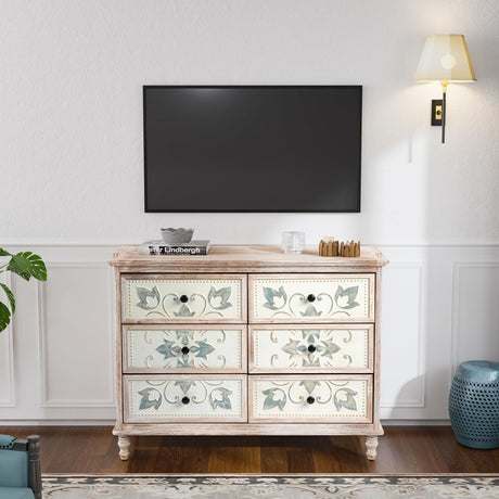 Dresser for Bedroom, Washed White 6 Drawer Dresser with Carved Flower Pattern