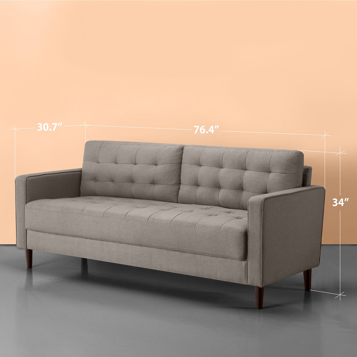 Benton Sofa Couch, Grid Tufted Cushions, Easy, Tool-Free Assembly, Stone Grey