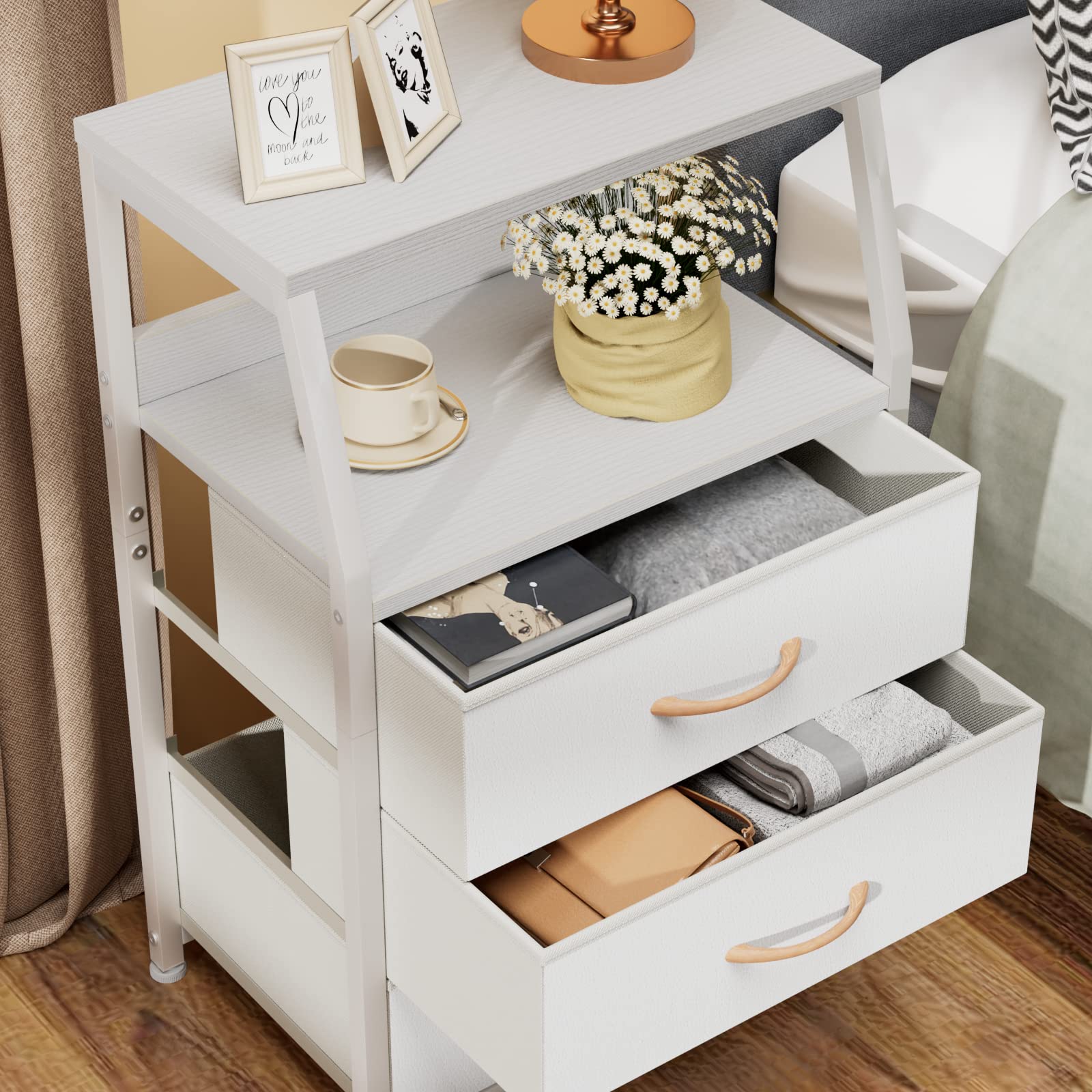 Nightstand with 3 Drawers and 2-Tier Shelf, Small Night Stand