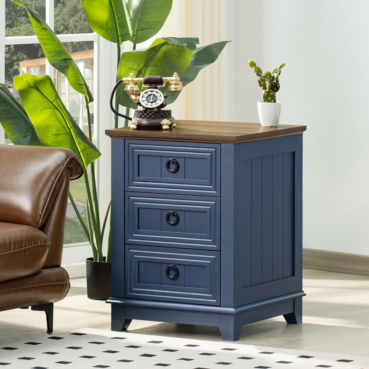 Nightstand Set of 2, Farmhouse 18 Inch End Table with 3 Drawer Metal Handle