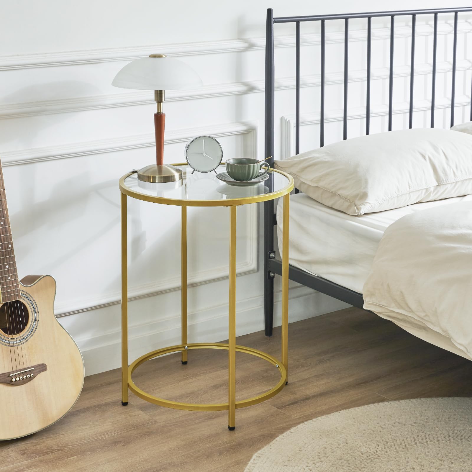 Round End Table, Tempered Glass Sofa Side Table, Gold Coffee Table for Office Bedroom Living Room