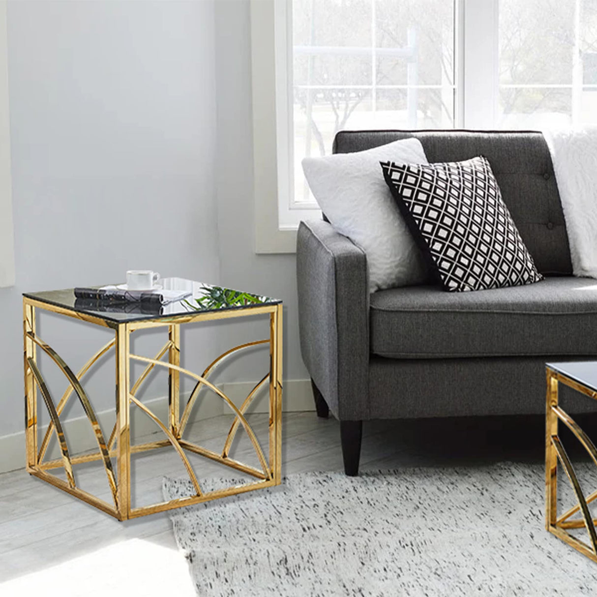 Accent Glass End Table Gold- Set of 1 Modern Square 21.45" Small Coffee Table Tempered