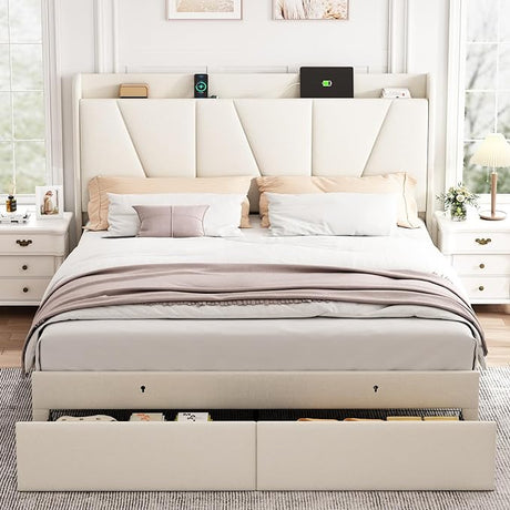 Queen Bed Frame with Headboard and Storage, Upholstered Bed Frames with Charging