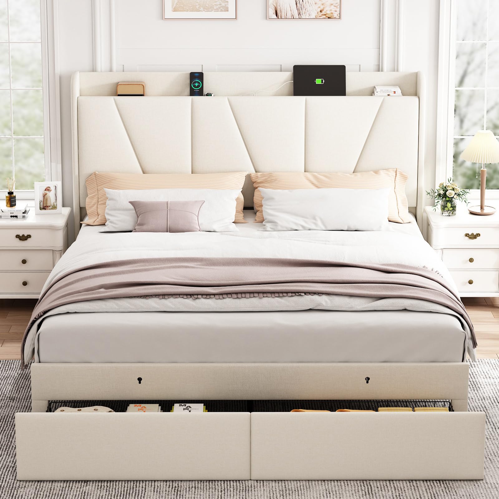 Queen Bed Frame with Headboard and Storage, Upholstered Bed Frames