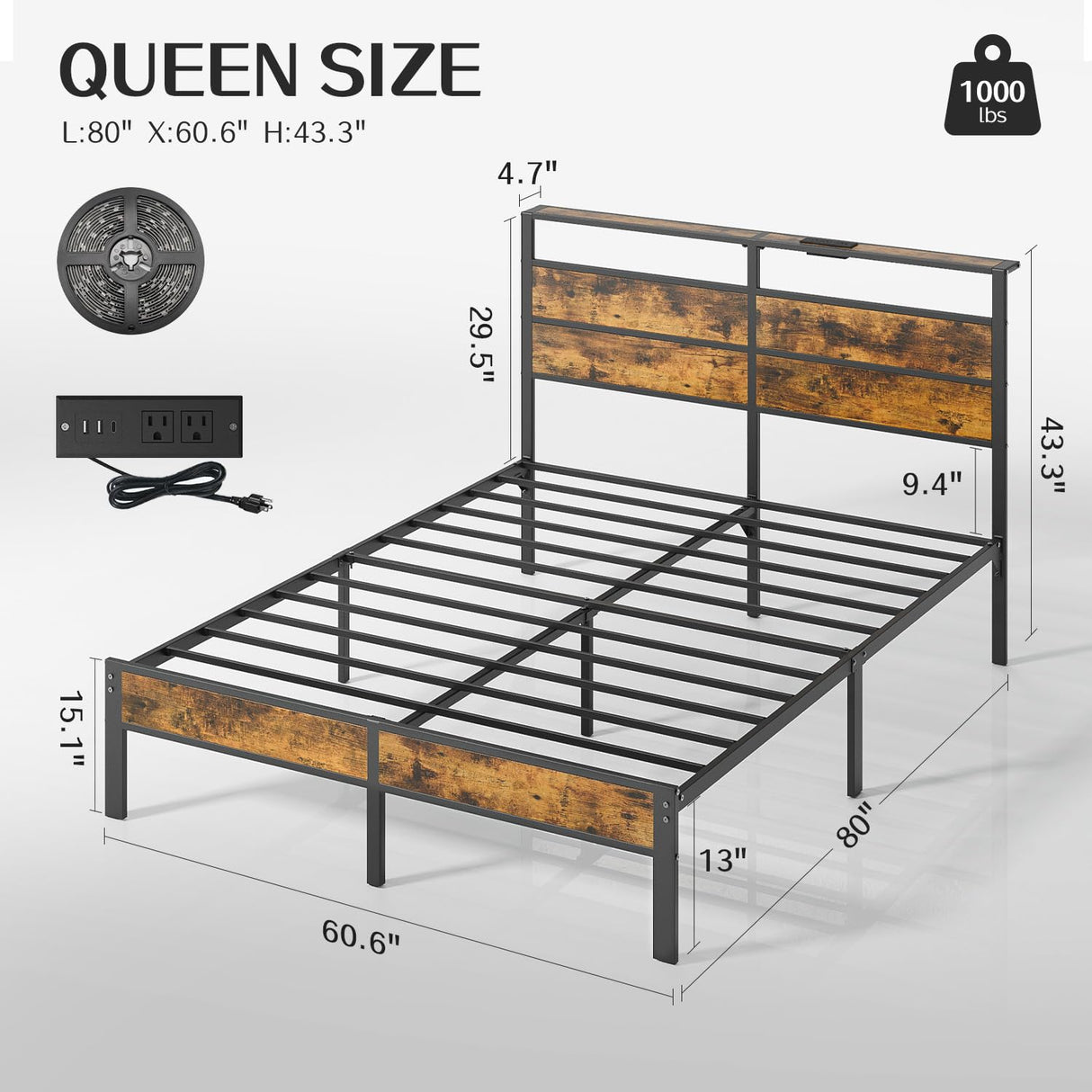 Queen Size Bed Frame with USB Charging Station and Headboard, Black Metal Platform