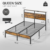 Queen Size Bed Frame with USB Charging Station and Headboard, Black Metal Platform