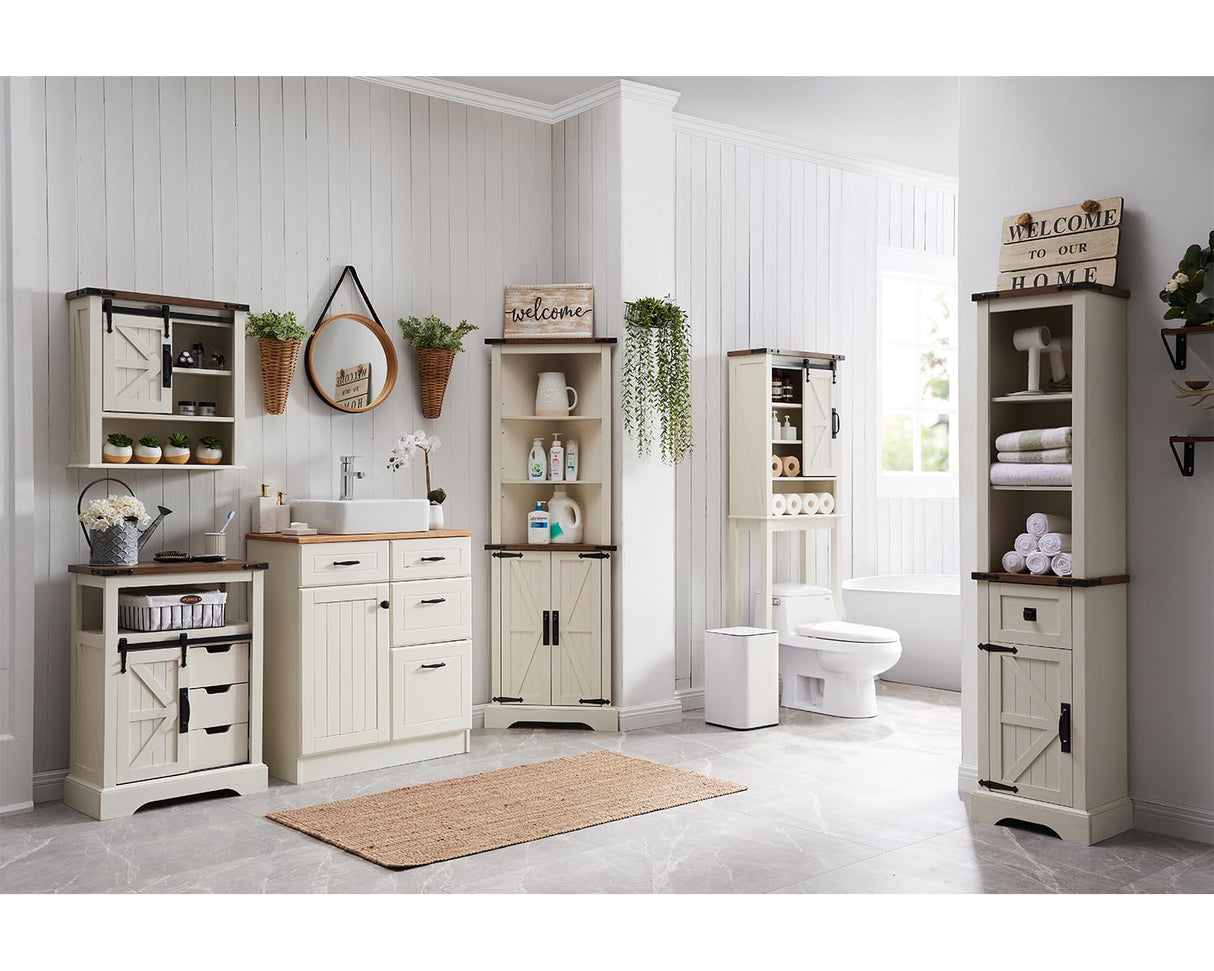 Bathroom Floor Cabinet, Farmhouse Storage Cabinet with Sliding Barn Door & Storage