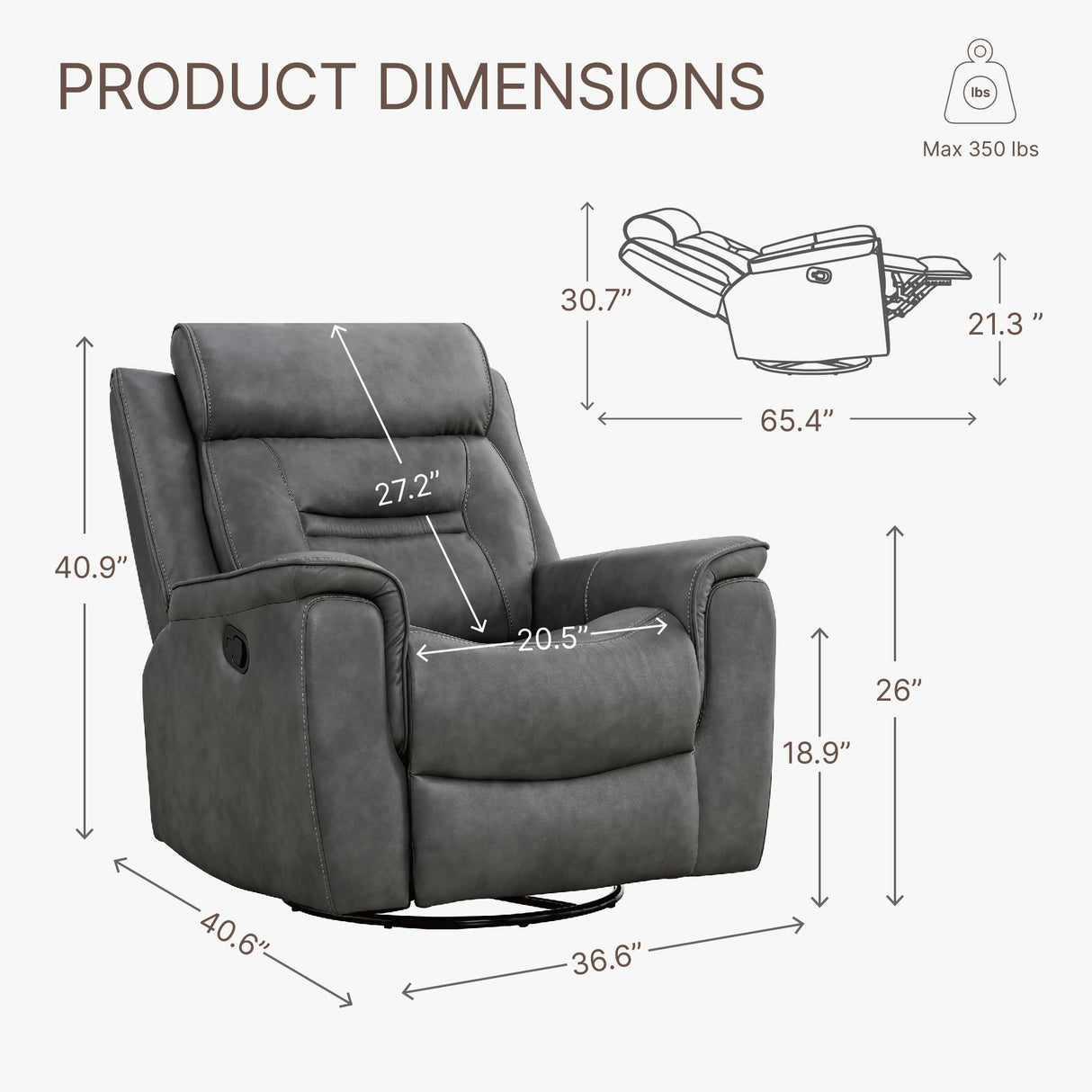 Leather Recliner Chair Swivel Rocker for Adults Manual Sofa for Living Room Bedroom