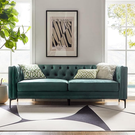 84" W Faux Leather Sofa Couch with Metal Legs, Button-Tufted 3-Seater Sofa
