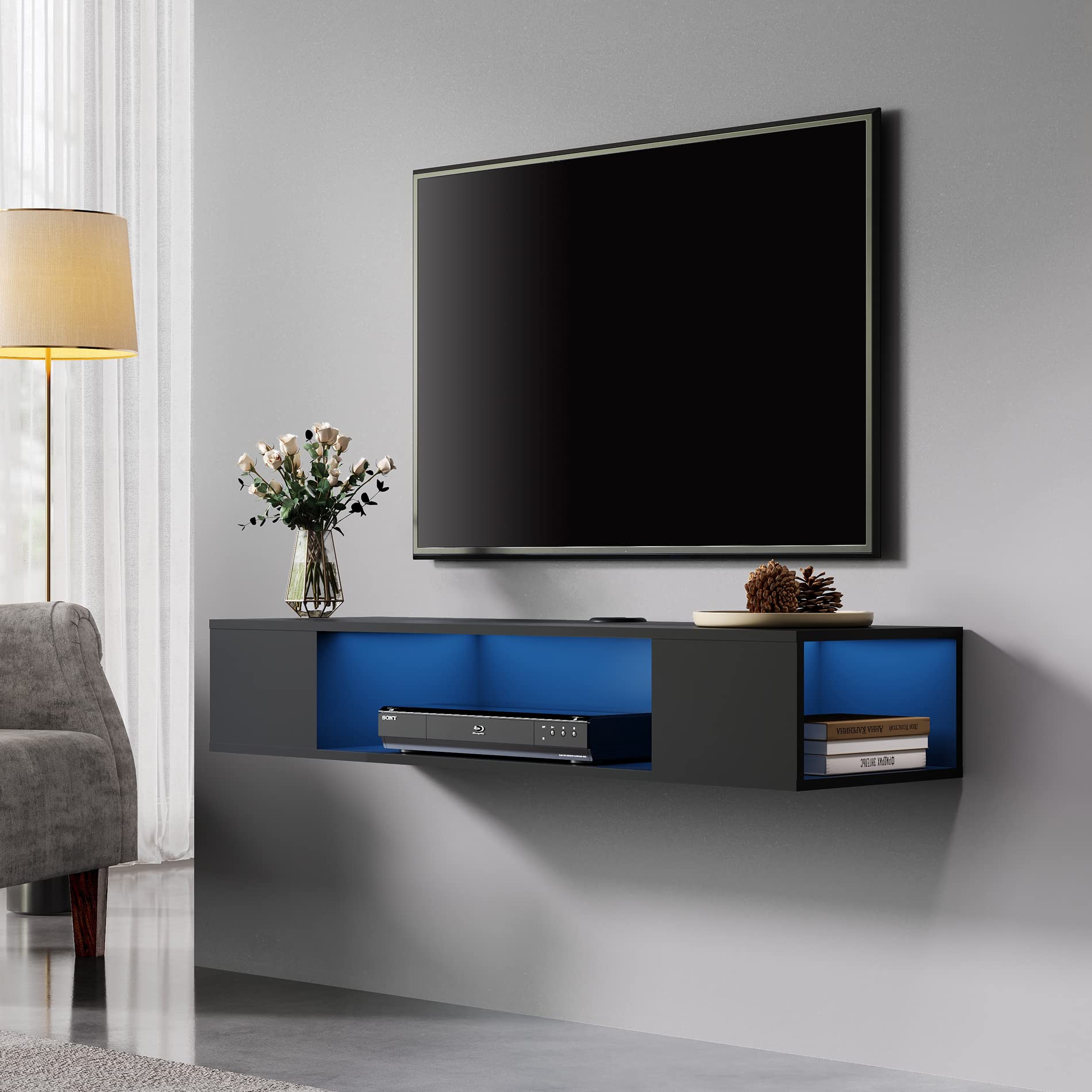 Floating TV Stand with LED Lights - Wall Mounted Media Console