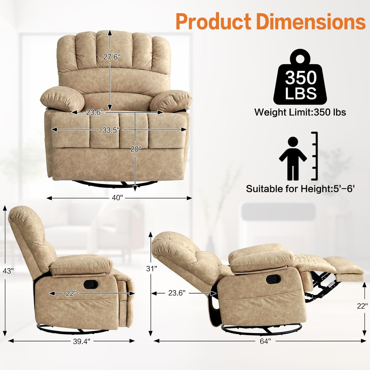 40" Oversized Rocker Recliner Chair for Adults,360°Swivel Rocking Recliners for Big